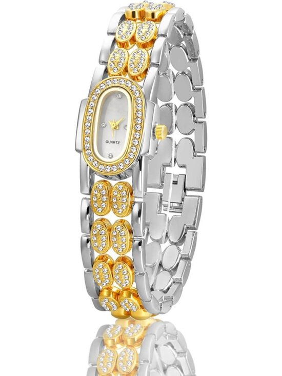 Accessories - Women's Two Tone White Luxury Vintage Rhinestone Bracelet Oval Quartz Wristwatch